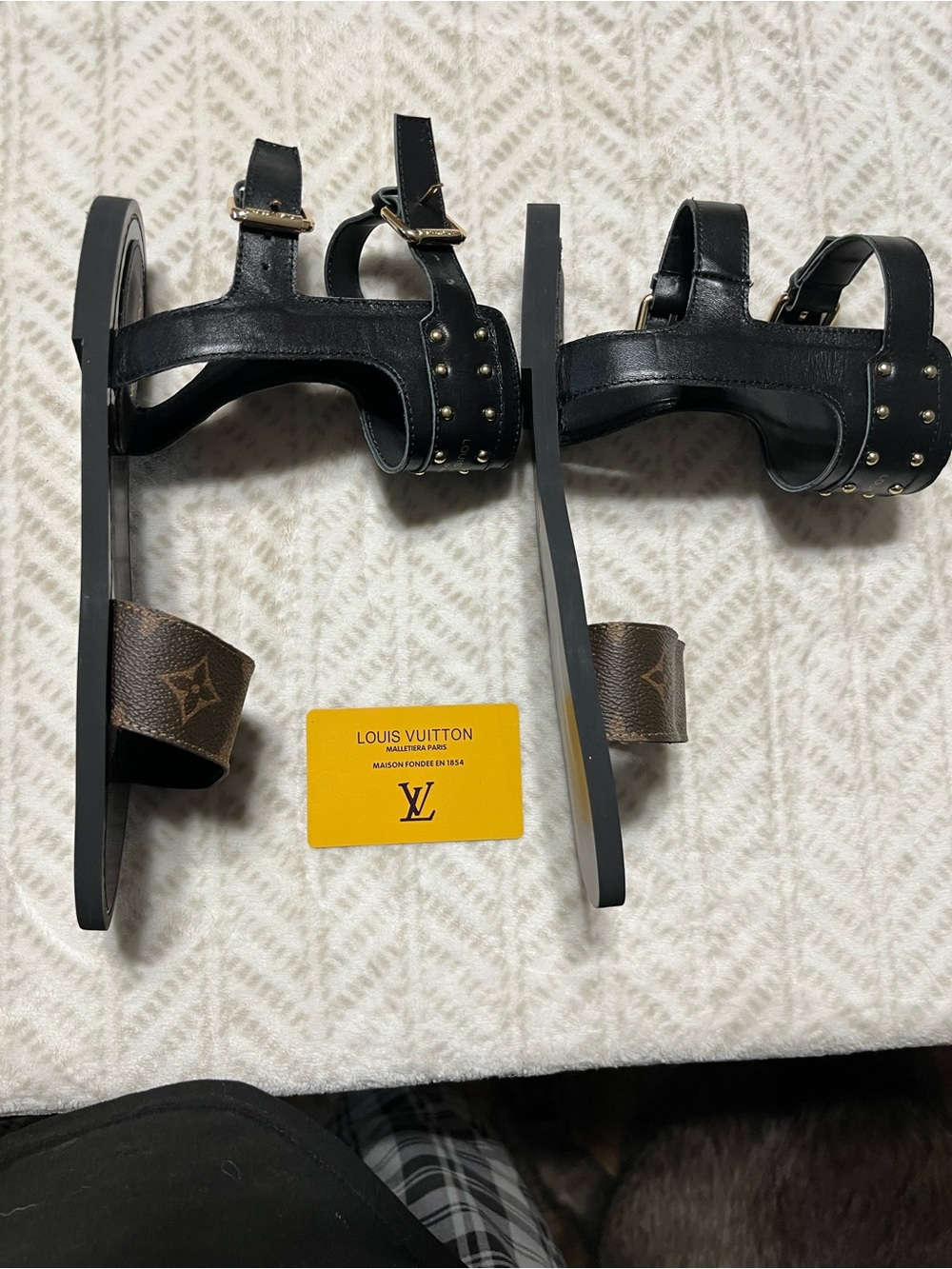 Louis Vuitton Black Leather Sandals with Monogram Brown Strap 10 - Picture 5 of 16